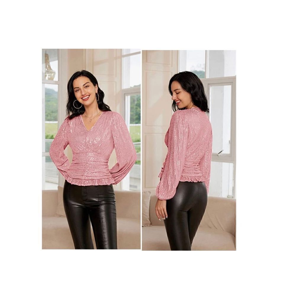 LIUMILAC Women Sequin Top Sexy V Neck Long Sleeve Glitter Peplum Blouse Clubwear